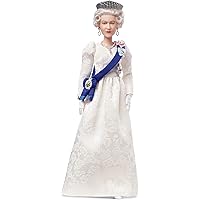 Signature Queen Elizabeth II Platinum Jubilee Doll Wearing Ivory Gown, Riband, Crown & Gloves, with Doll Stand, Gift for Collectors