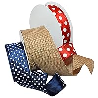 Morex Ribbon 7420.40P3-914 Burlap Ribbon Mixed X 82 YD Patriotic Ribbon for Gift Wrapping, Red/Natural/Blue (3-Pack), 4th of July Decorations, American Flags Art Supplies Gift Ribbons for Crafts