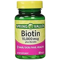 Spring Valley Biotin Dietary Supplement, 10,000 Mg with 100 Mg Keratin, 60 Tablets