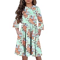 storeofbaby Dress for Girls 3/4 Sleeve A-Line Casual Dresses with Pockets 5-14 Years