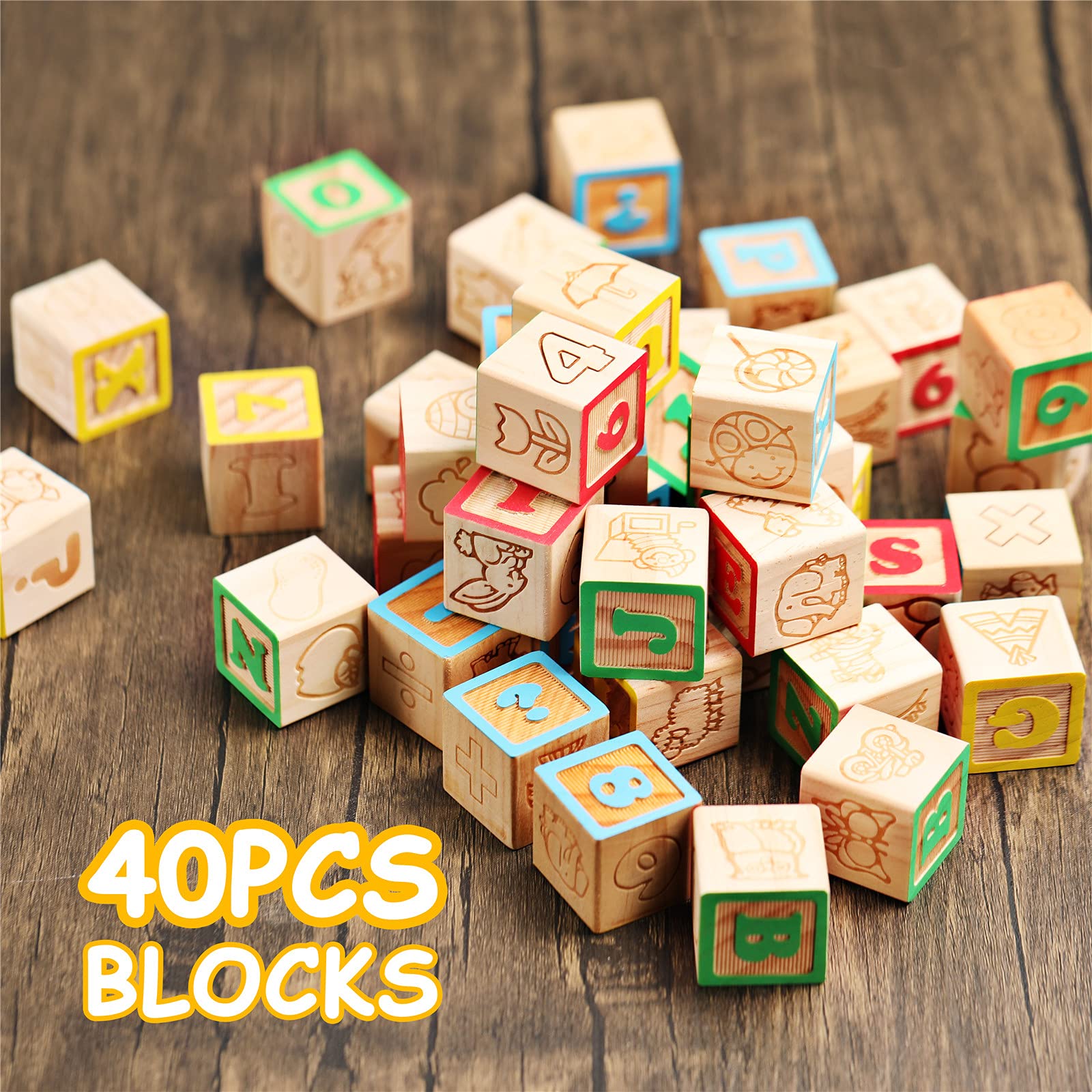 SainSmart Jr. Wooden ABC Alphabet Blocks Set, 40PCS Classic Wood Toy for Stacking Building Educational Learning, with Mesh Bag for Preschool Letters Number Counting for Ages 3 4 5 6 Toddlers,1.2