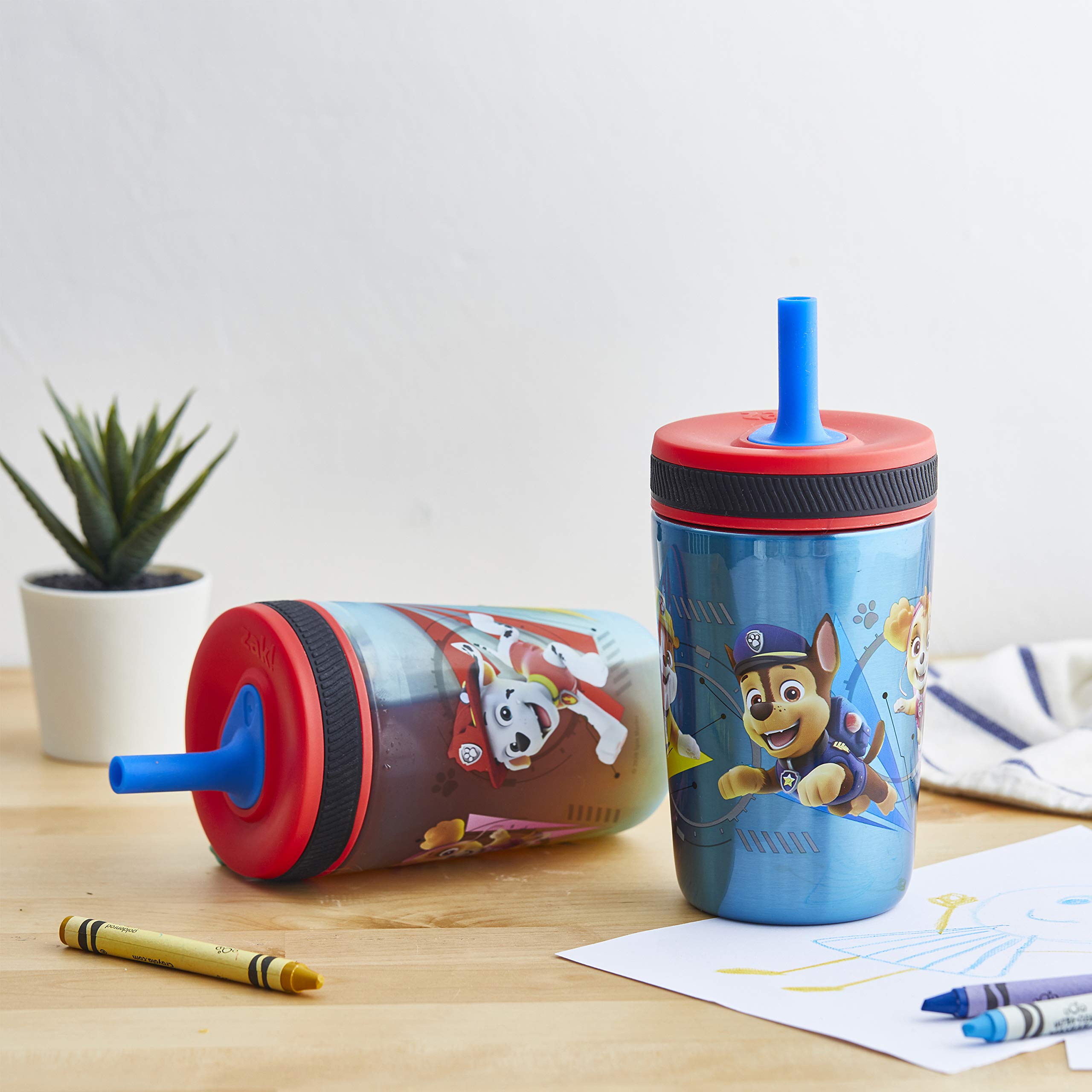 Zak Designs PAW Patrol Kelso Tumbler Set, Leak-Proof Screw-On Lid with Straw, Bundle for Kids Includes Plastic and Stainless Steel Cups with Additional Sipper (Paw Patrol- 3pc)15 fl oz
