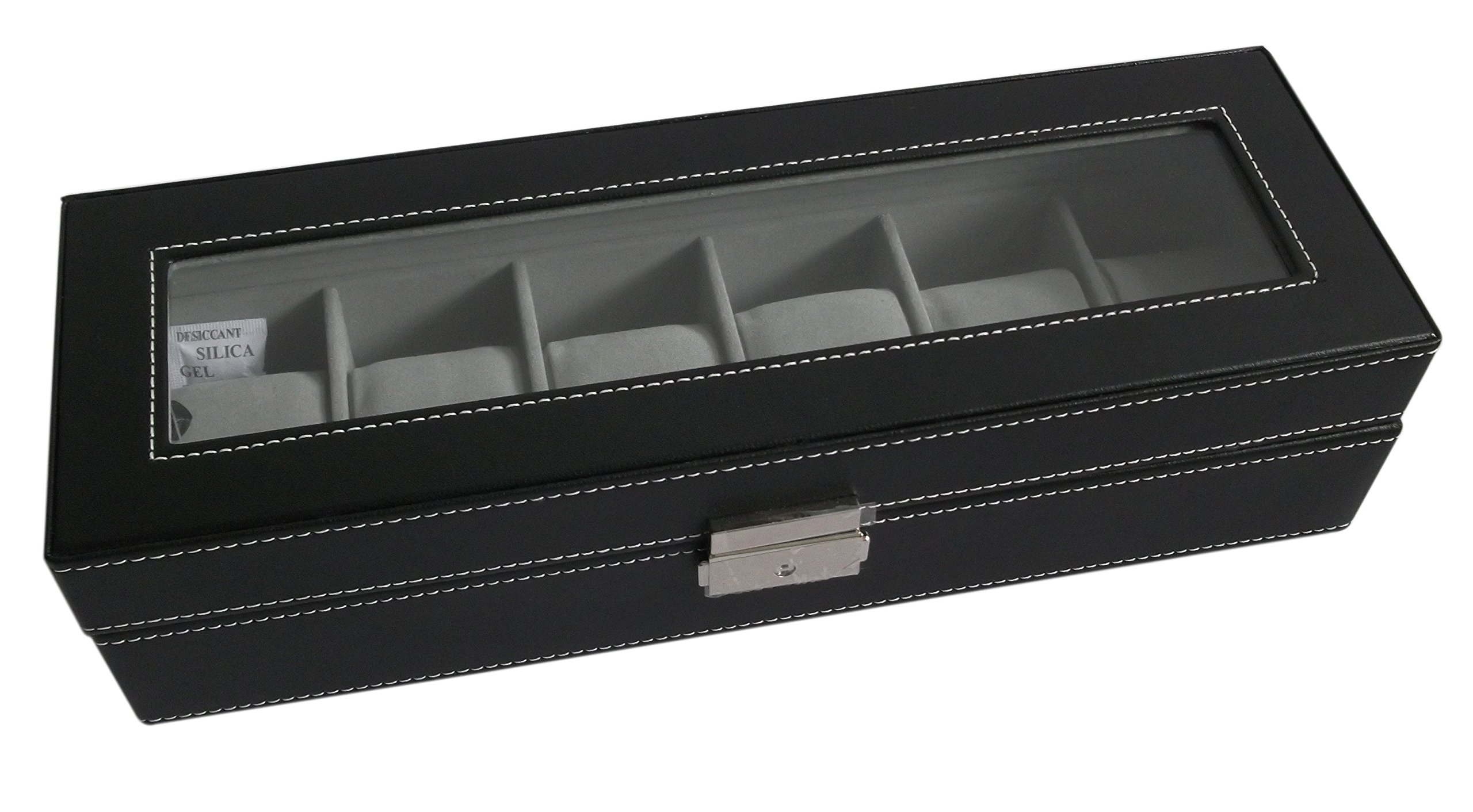 Sodynee® Watch Box Large 6 Mens Black Pu Leather Display Glass Top Jewelry Case Organizer
