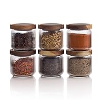12 fl oz, 350ml Glass Food Storage Jars with Wood Lids (6pcs) - Stylish Ribbed Pattern for Kitchen Organization and Storage Containers for Spice, Tea, Coffee/Sugar