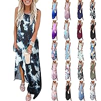 Summer Dresses for Women 2022,Sleeveless/Short Sleeve Side Slit Flowy Casual Beach Party Club Boho Long Dresses with Pocket