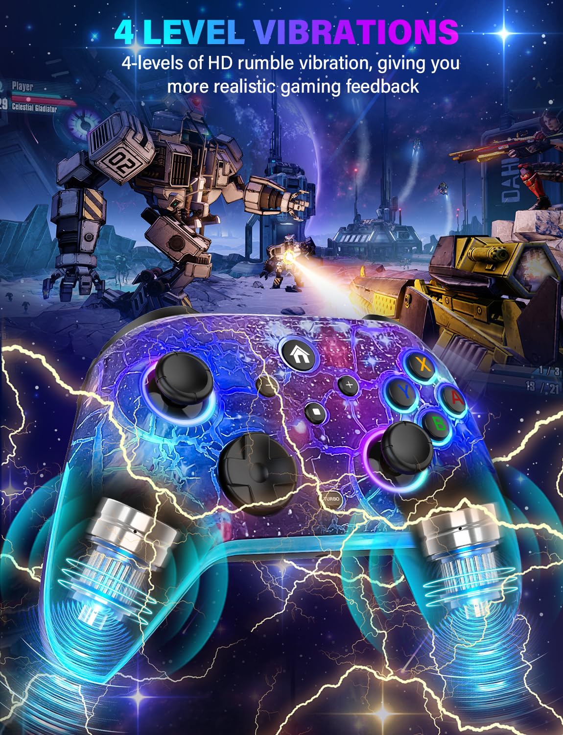 Wireless Switch Pro Controller - Compatible with Nitendo Switch/OLED/Lite, 1200mAh Rechargeable Switch Controllers with 8 Colors LED & Cool Nebula Design, Wake Up, Turbo, Vibration, Motion Control