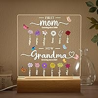 Custom Family Birth Flower Night Light, First Mom Now Grandma Home Decor with Kids Names, Personalized Acrylic Night Light with Wood Base, Mother Day Gift for Mom Grandma