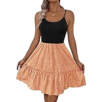 OYOANGLE Women's Printed Ruffle Hem Sleeveless Cami Short Dress Summer Casual Dresses Orange Medium