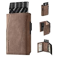 DUGRAFT Card Holder Wallet with ID Window, Leather Mens RFID Blocking Minimalist Pop-Up Wallet Aluminum Metal Credit Card Case with Banknote Compartment