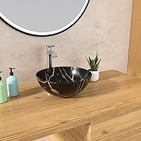 Round Vessel Sink - Lordear 16x16 inch Black Round Bathroom Sink Above Counter Bowl Sink Modern Porcelain Ceramic Vessel Vanity Sinks Art Basin