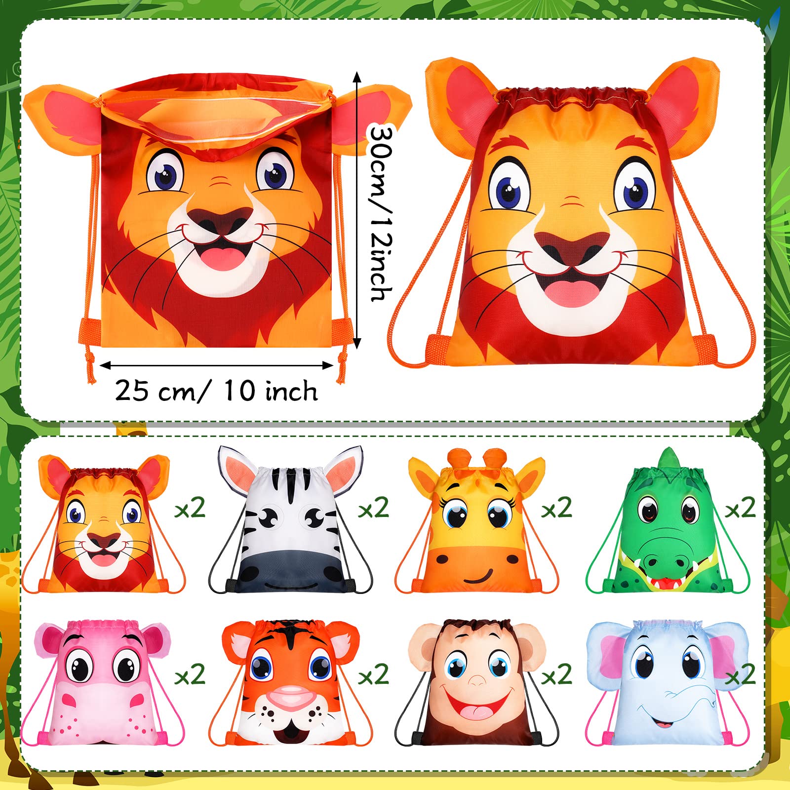 Hillban 16 Pcs Animal Drawstring Gift Bags Farm Zoo Jungle String Party Goody Bags Party Favor Bags Carton Animal Drawstring Backpack with Ear for Kids Safari Baby Shower Birthday Party(Jungle Style)