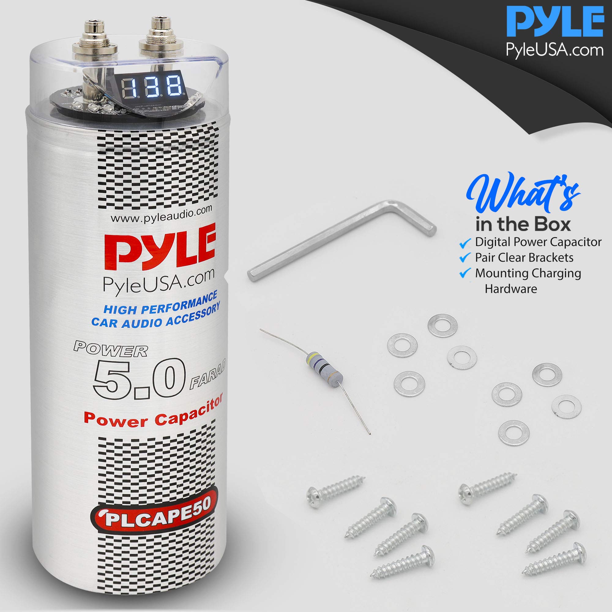 Pyle 5.0 Farad Digital Power Capacitor - High-Performance Car Audio Accessory with Blue Digital Display, Voltage Readout, Over Voltage Protection, Mounting Hardware, DC 12-24V - Pyle PLCAPE50