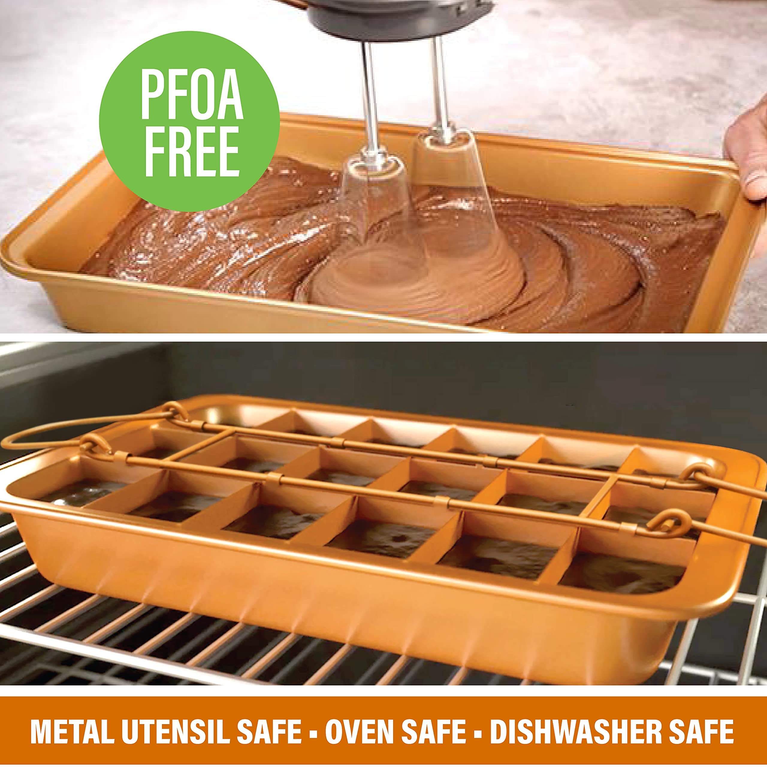 Brooklyn Brownie Copper by GOTHAM STEEL Nonstick Baking Pan with Built-In Slicer, Ensures Perfect Crispy Edges, Metal Utensil and Dishwasher Safe