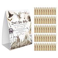 Don't Say Baby Game for Baby Shower, 50 Wooden Clothespins and one Sign, Wizarding Theme, Pins for Baby Shower Decorations, Gender Reveal Games, Baby Shower Supplies-BB04