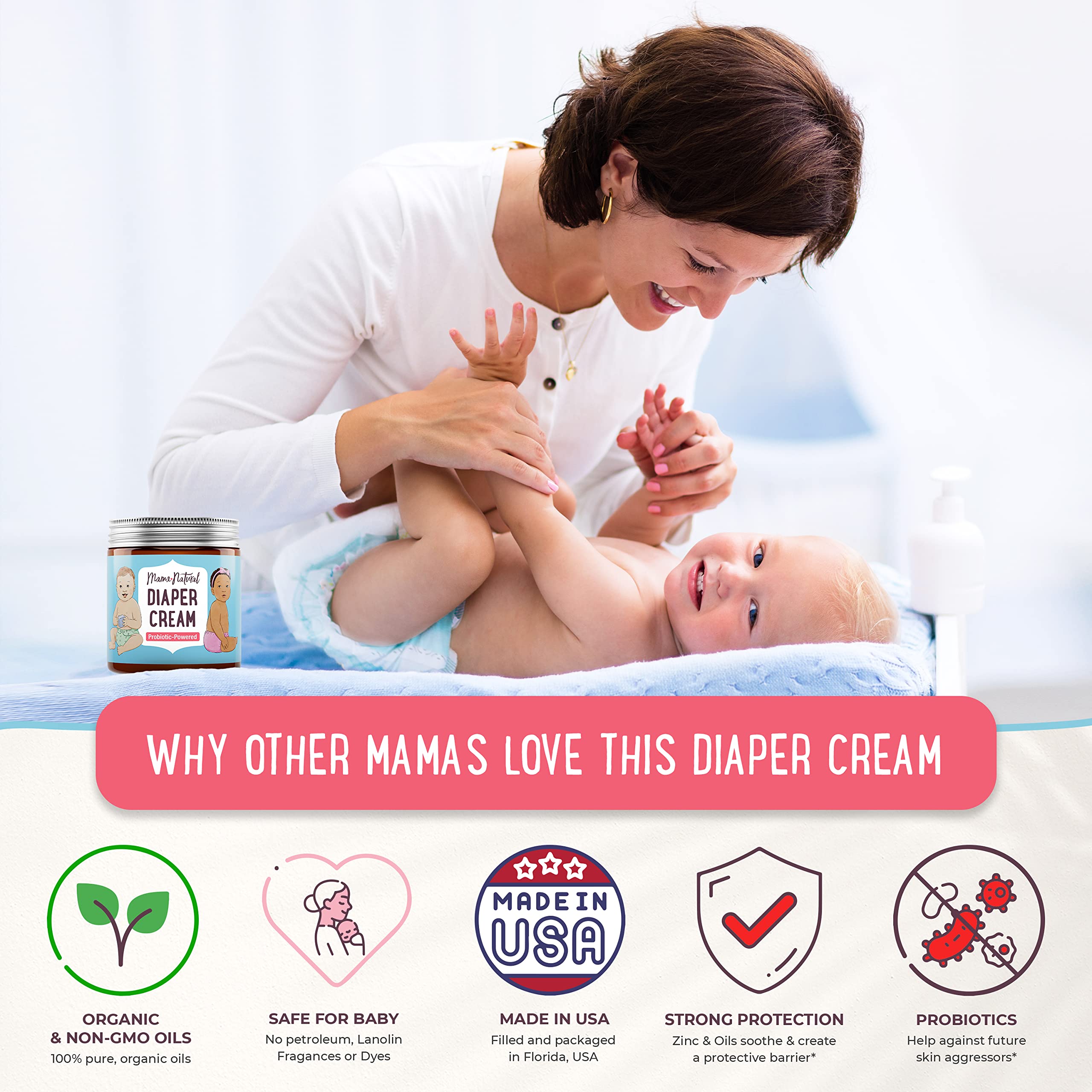 Mama Natural Diaper Rash Cream For Baby (4 Oz) - Probiotic Powered with 100% Organic Calendula, Coconut Oil & Zinc | Healing Ointment & Extreme Diaper Rash Treatment Baby Butt Cream