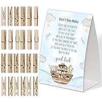 Noah's Ark Don't Say Baby Game for Baby Shower, Pack of One 5x7 Sign and 50 Mini Natural Clothespins, Boho Animals Baby Shower Decoration, Gender Neutral Party Supplies - SC32