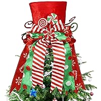 Christmas Tree Topper Hat, Large Red Hat with Striped Bow Ribbon & Lollipop, Christmas Tree Decorations Top Hat, Desktop Ornaments for Home Xmas Holiday Winter Decor