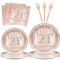 96 Pcs 21st Birthday Tableware Set Pink Rose Gold Supplies for 24 Guests Birthday Dessert Plates Happy 21 Years Old Birthday Dinnerware Disposable Birthday Plates Napkins Forks for Birthday Party