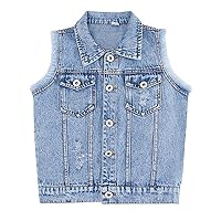 FEESHOW Girls Kids Lapel Retro Ripped Denim Vest Sleeveless Button-Down Sleeveless Waistcoat Outerwear Daily Wear