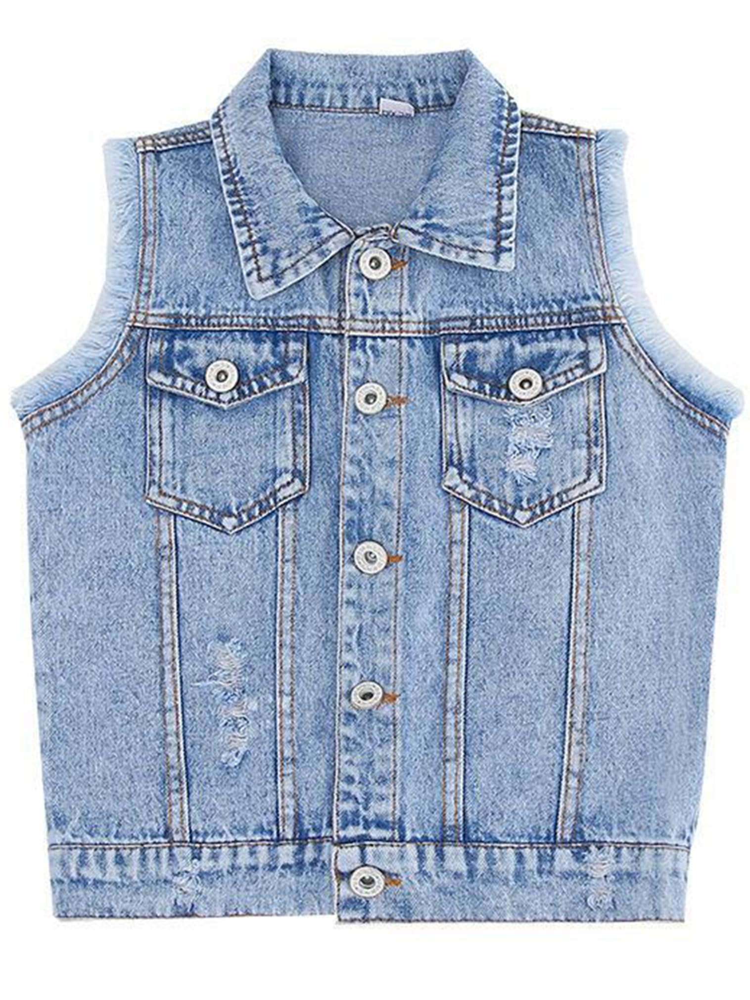 FEESHOW Girls Kids Lapel Retro Ripped Denim Vest Sleeveless Button-Down Sleeveless Waistcoat Outerwear Daily Wear