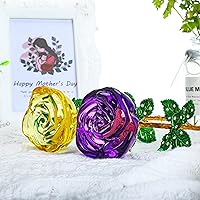 HDCRYSTALGIFTS Crystal Rose Flower Glass Purple and Yellow Flowers with Green Leaves for Wedding Anniversary/Wife, Romantic Forever Gifts for Her Valentine's Day/Birthday/Wedding(Pack of 2)