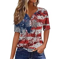 American Flag Patriotic Button Shirts Women 4Th of July Shirts Short Sleeve Stars Stripe V Neck Red and Blue Tops