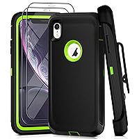 iPhone XR Case with Belt Clip and 2 Pack Screen Protector - Military Grade Rugged Full Body Phone Case for Men and Women (Black+Green)