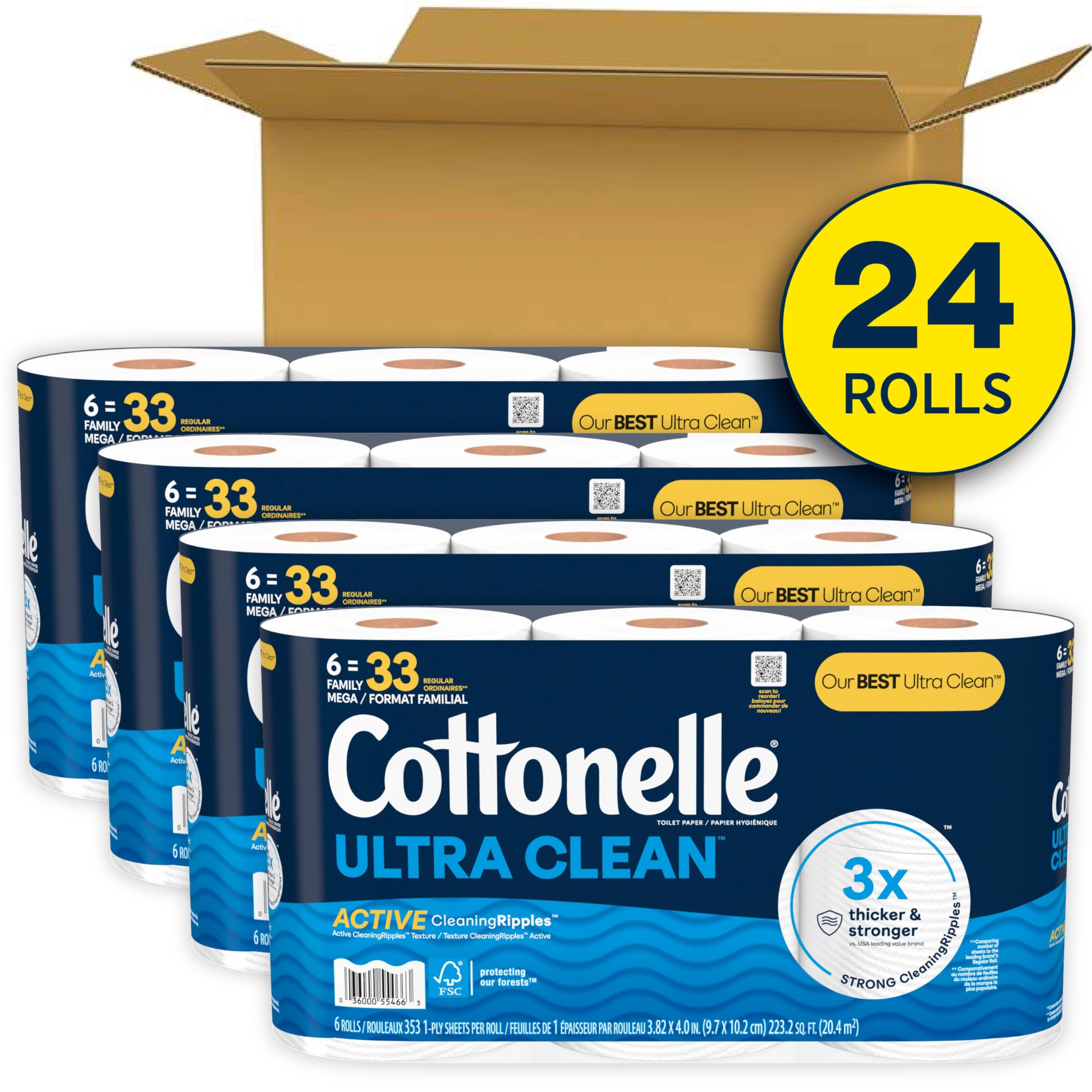 Cottonelle Ultra Clean Toilet Paper with Active CleaningRipples Texture, 24 Family Mega Rolls (24 Family Mega Rolls = 132 Regular Rolls) (4 Packs of 6), 353 Sheets Per Roll, Packaging May Vary