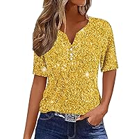 Womens Tops Henley Neck Buttons Sexy Shirts Short Sleeve Dressy Blouses 2024 Sparkly Sequin Sweatshirts Clothes