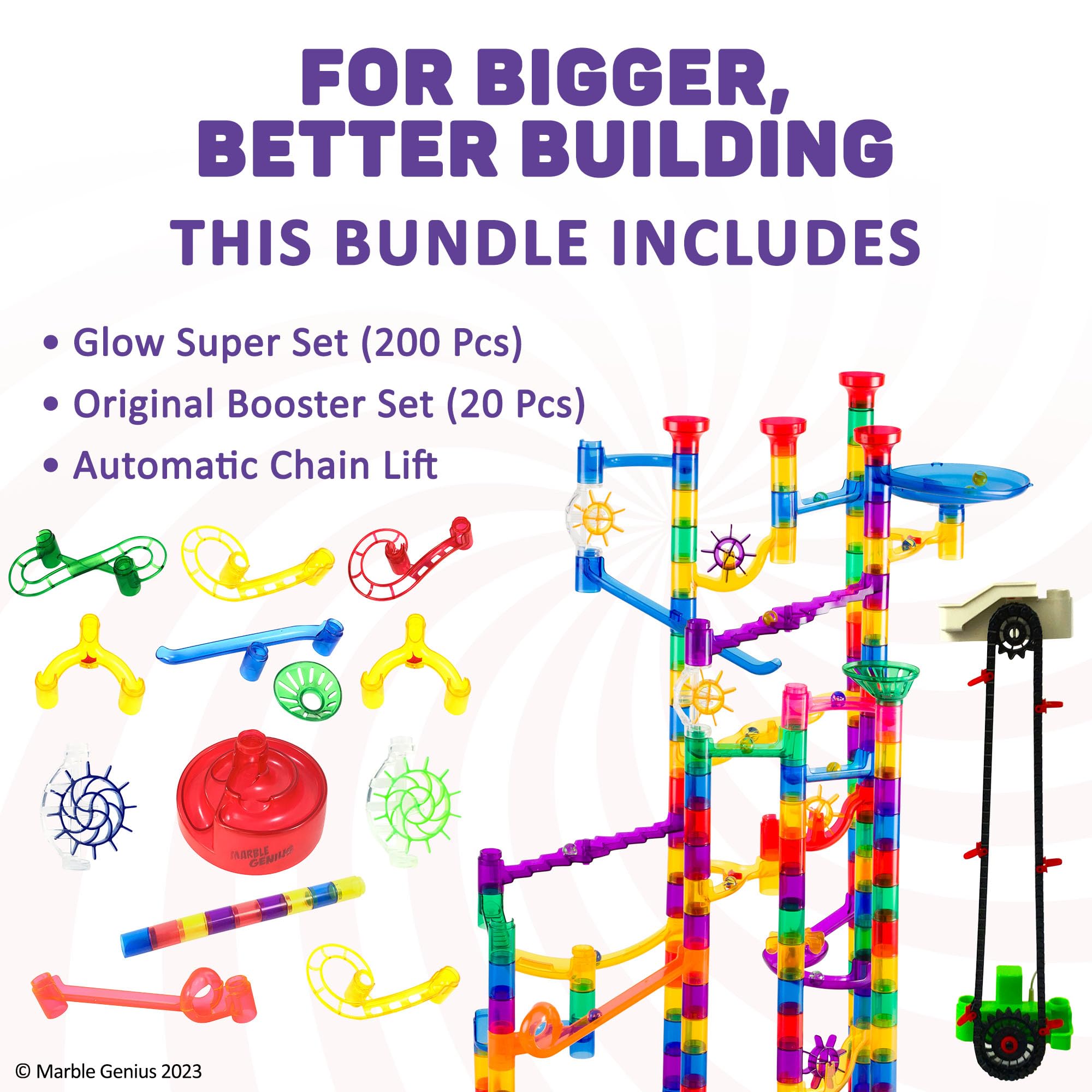 Marble Genius Bundle: Marble Maze Glow in The Dark (200 Pieces), Automatic Chain Lift, Marble Run Booster Set (20 Pieces), Experience The Thrills of Marble Racing