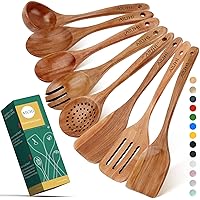Wood Spoons for Cooking,Nonstick Kitchen Utensil Set,Wooden Spoons Cooking Utensil Set Non Scratch Natural Teak Wooden Utensils for Cooking(Teak 8 Pack)