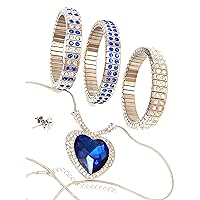 ARTISAN Designer SILVER Blue heart gift for Woman's day lovers Forever Jewelry women SAPPHIRE Titanic Heart Necklace Pendant & 3 Sapphire Bracelet & Earring HANDMADE SET Birthday Anniversary present