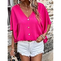 Women's Tops Women's Shirts Sexy Tops for Women Batwing Sleeve Button Detail Blouse (Color : Hot Pink, Size : Medium)