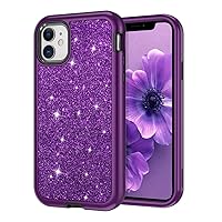 CASEFIV Compatible with iPhone 11 Case,Marble Pattern 3 in 1 Heavy Duty Shockproof Full Body Rugged Hard PC+Soft Silicone Drop Protective Women Girls Cover for iPhone 11 6.1 inch, Dark Purple Glitter
