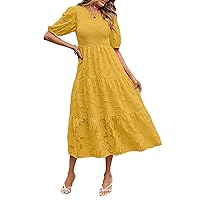 MEROKEETY Women's 2024 Summer Puff Sleeve Smocked Floral Dress Crewneck Lace Flowy Tiered Midi Dresses