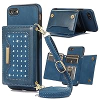 XYX Wallet Case for iPhone SE 2022, Crossbody Strap PU Leather RFID Blocking Credit Card Holder Card Cases Women Girl with Adjustable Lanyard for iPhone 7/8, Blue
