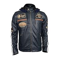 LP-FACON Mens Vintage Motorcycle Patches Retro Stripes Cafe Racer Biker Leather Jacket | Detachable Hood