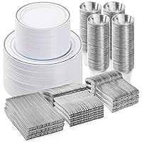 600PCS Plastic Dinnerware Set (100 Guests), Silver Disposable Plates for Party, Wedding, Anniversary, Includes: Dinner Plates, Dessert Plates, Cups, Spoons, Forks and Knives