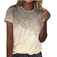 Women's Casual Short Sleeve T-Shirts 2024 Fashion Sequin Printed Tops Summer Dressy Crew Neck Tunic Blouses Basic Tees