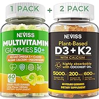 50+ Daily Gummy Multivitamin Algae Omega 3 & Calcium, CoQ10, Magnesium + Vitamin D3 5000IU Gummies 125mcg with Calcium 600mg, K2(MK7) 200mcg