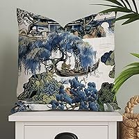 ArogGeld Asian Scenic Chinoiserie Style Pillow Case Blue and Kelly Green Euro Sham Pillow Cover Asian Cushion Cover 24x24in Accent Pillowcase Rustic Home Decor for Sofa Living Room Bedroom
