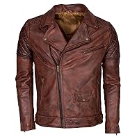 Mens Prestigious Fashion Biker Style Real Brando Leather Jacket in Waxed Brown