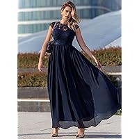 Dresses for Women Floral Lace Bodice Chiffon Ribbon Waist Maxi Formal Dress (Color : Navy Blue, Size : XX-Large)