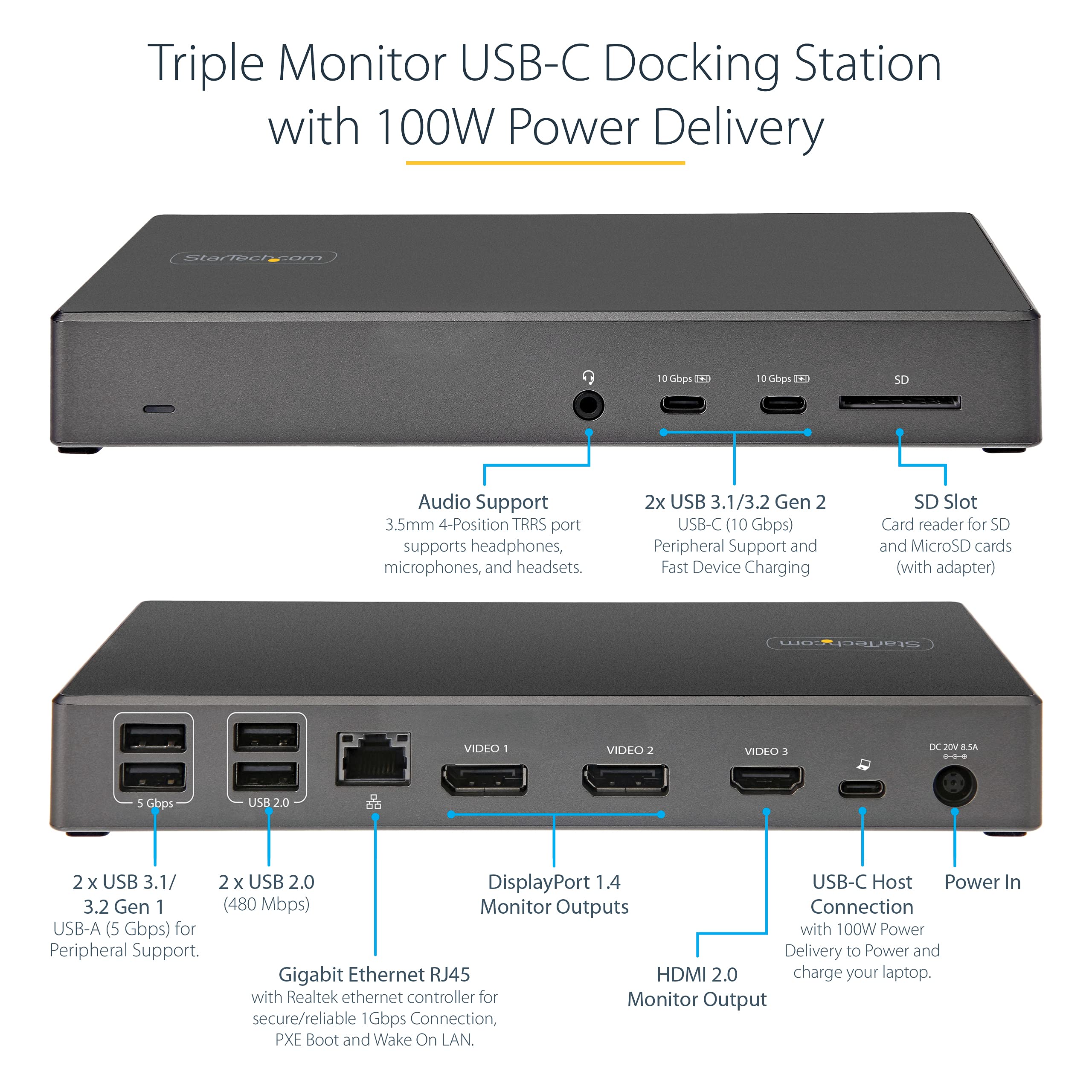 StarTech.com USB C Dock - Triple 4K Monitor USB Type-C Docking Station - 100W Power Delivery - DP 1.4 Alt Mode & DSC, 2X DisplayPort 1.4/HDMI 2.0-6xUSB (2X 10Gbps), SD - Windows/Chrome (DK31C2DHSPD)