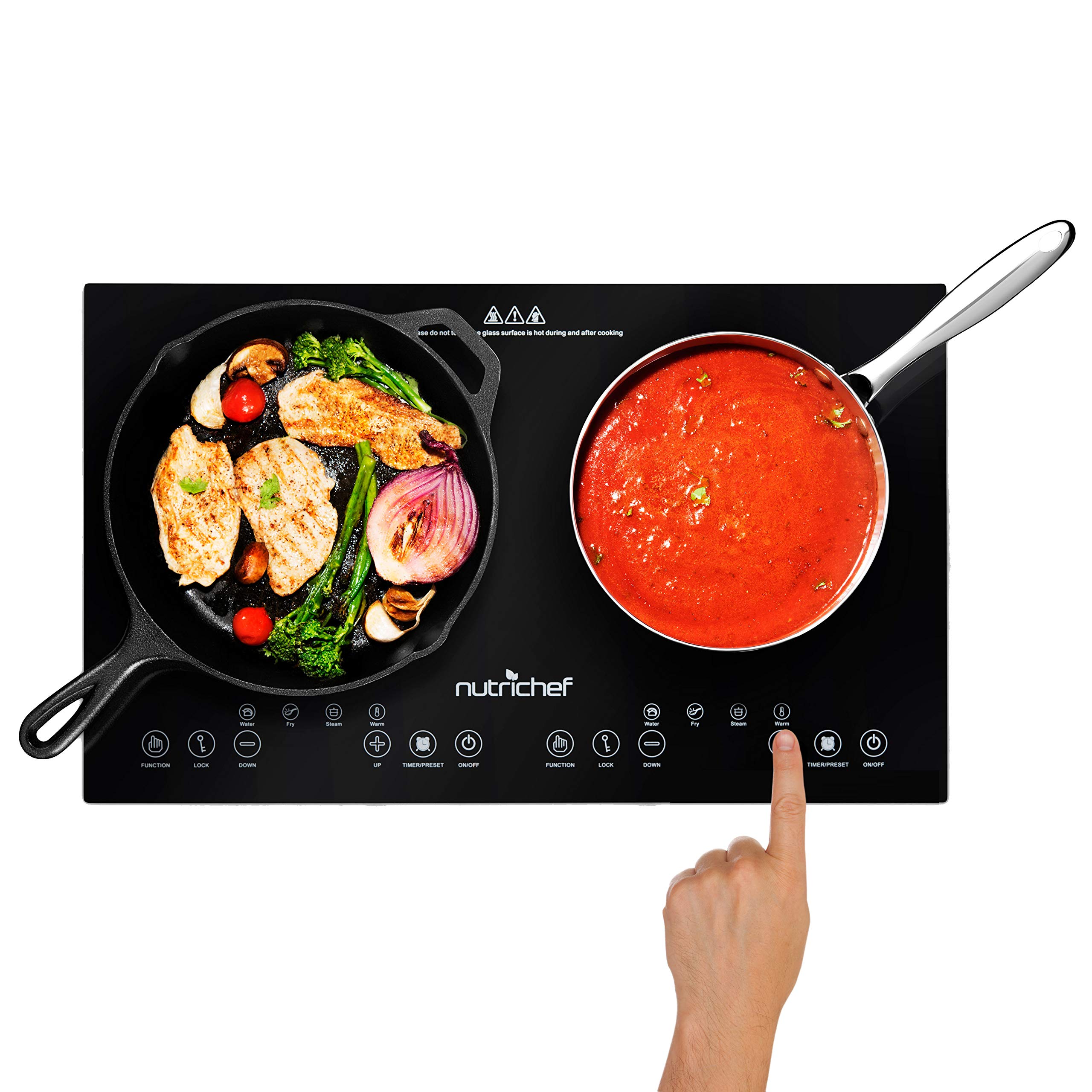 NutriChef Double Induction Cooktop - Portable 120V Digital Ceramic Dual Burner w/ Kids Safety Lock - Works with Flat Cast Iron Pan,1800 Watt,Touch Sensor Control, 12 Controls - NutriChef PKSTIND48