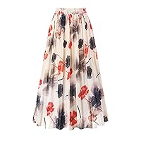 Kingfancy Women's Pleated Skirt Chiffon Elastic Waist A-Line Midi Length Skirt