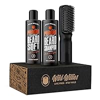 Wild Willies Moisturizing Beard Shampoo, Conditioner, & Straightener Kit, PROGRO - Fortified with Biotin & Caffeine for Facial Hair Growth & Hydration - 2-in-1 Ionic Styling Brush for Beard & Hair