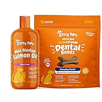 Pure Wild Alaskan Salmon Oil for Dogs & Cats - Omega 3 Skin & Coat Support + Dental Bones for Large Dogs - Fights Tartar & Plaque