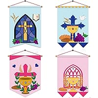 4 Sets First Communion Banner Kit for Boys Girls DIY Felt 1st Holy Communion Decorations Holy Communion Grapes Flag Crafts Church Sunday School Crafts Supplies Accessories Pew Decoration