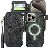 Harryshell Compatible with iPhone 15 Pro Case Wallet Support MagSafe Wireless Charging with 3 Card Slots Holder Cash Coin Zipper Pocket Pu Leather Flip Closure Lanyard Wrist Strap (Black)